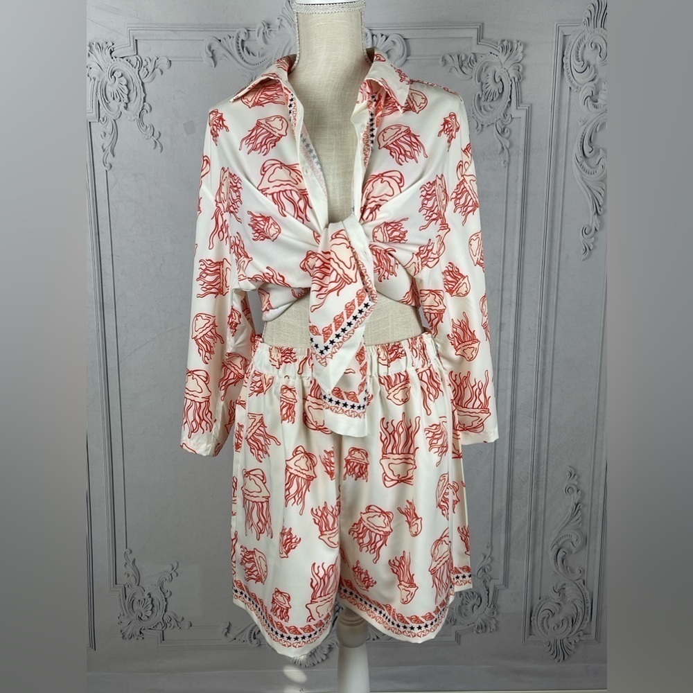 Casual Jellyfish blouse & Shorts Loose Fit Sea Life Print Beach Coverup - Picture 14 of 16